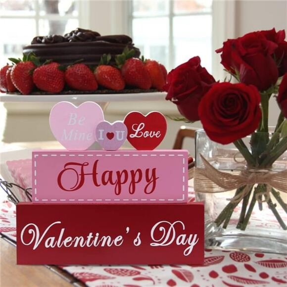 Valentines Day Decor, 3-Layered Pink Red Heart Wood Block Set - Picture 6 of 8